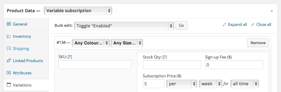Subscription Variation without Size and Color Terms