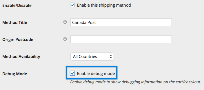 Enable Canada Post debug mode