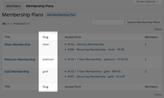 WooCommerce Memberships plan slugs