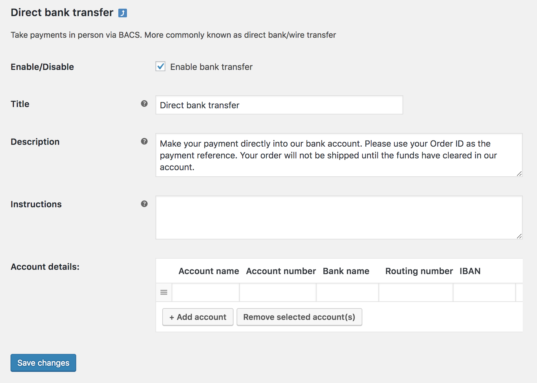 Transfer Bank account. WOOCOMMERCE Bacs. Bank transfer форма щтдшту. Payment instruction.