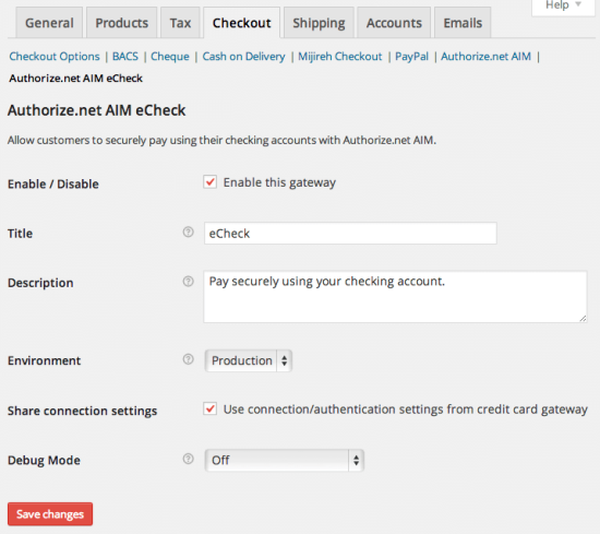 WooCommerce Authorize.net AIM Payment Gateway Integration eChecks Settings