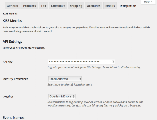 WooCommerce KISSmetrics integration admin settings