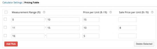 Tabela de preços da calculadora de preços de medição WooCommerce