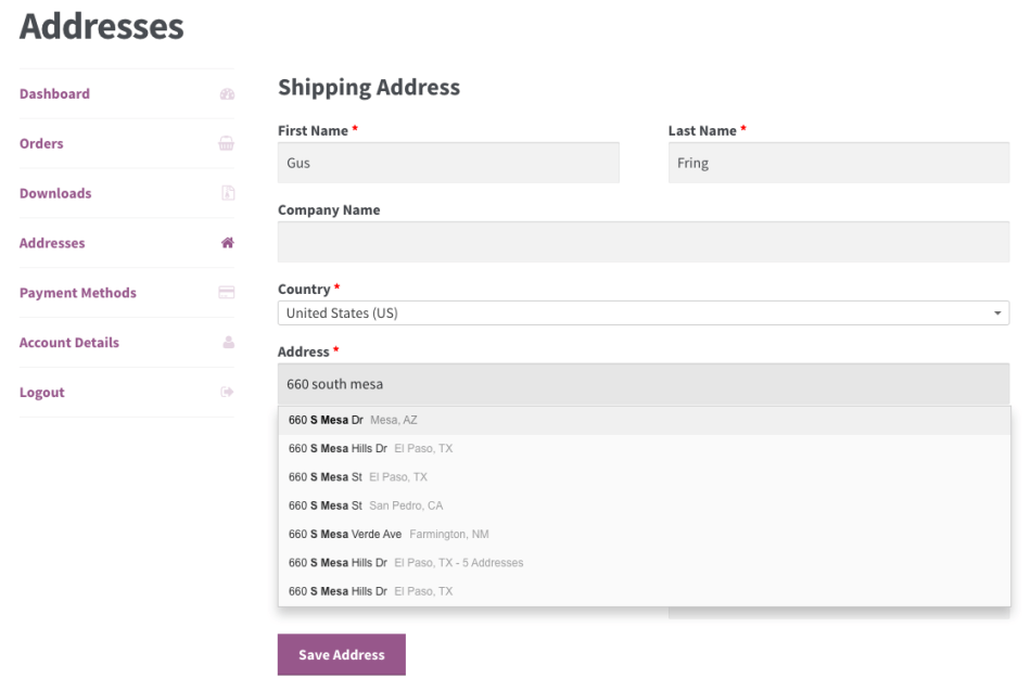WooCommerce Address Validation: Account page address completion