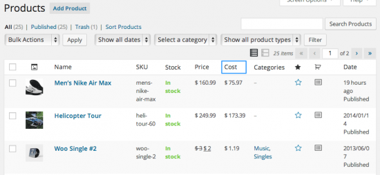 Visualización de la tabla de productos de WooCommerce Cost of Goods