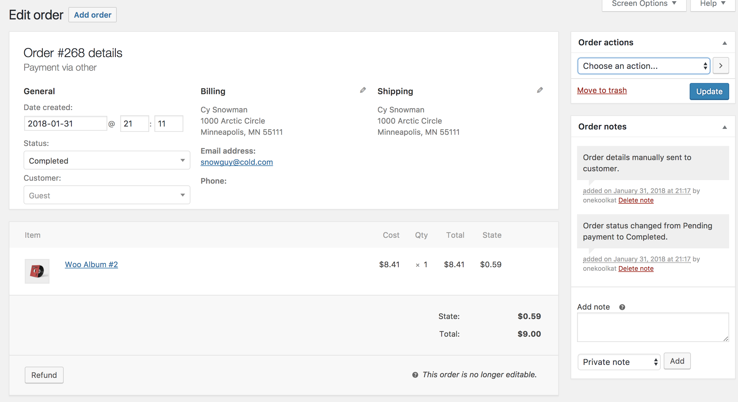 Woocommerce status. Order items.