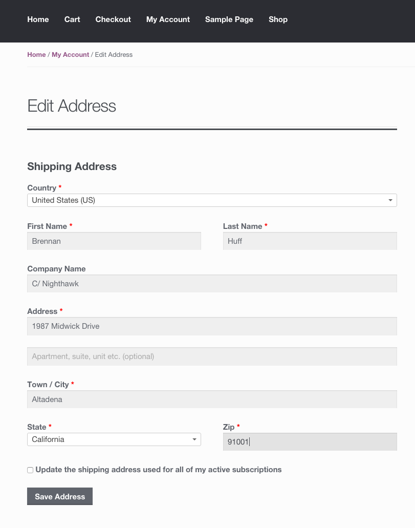 주소 변경 예시 2. Change Subscription Shipping Address Form. 