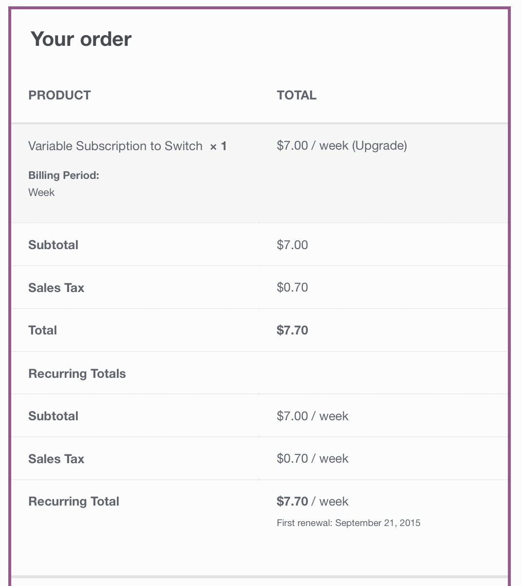 Subscription Upgrade Order Totals on Checkout