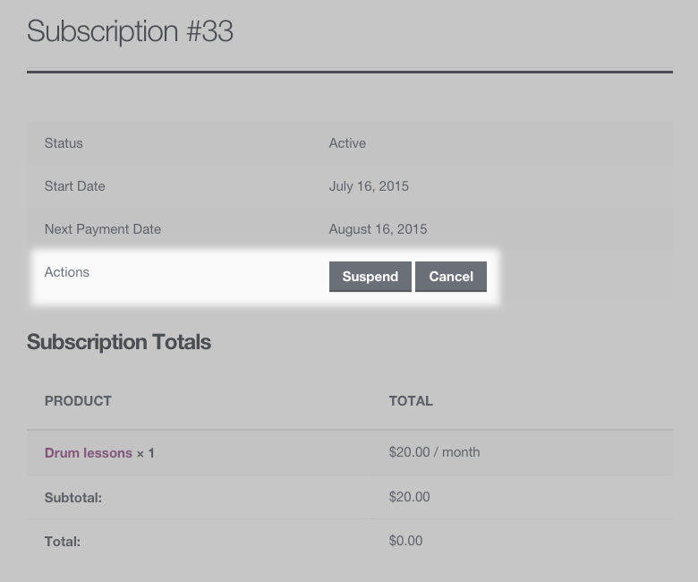 Suspend and Cancel Buttons on View Subscription Page