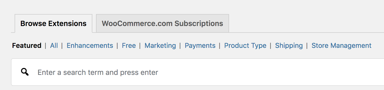The Extensions menu item leads to the Browse Extension tab, which is next to the WooCommerce.com Subscriptions tab. 