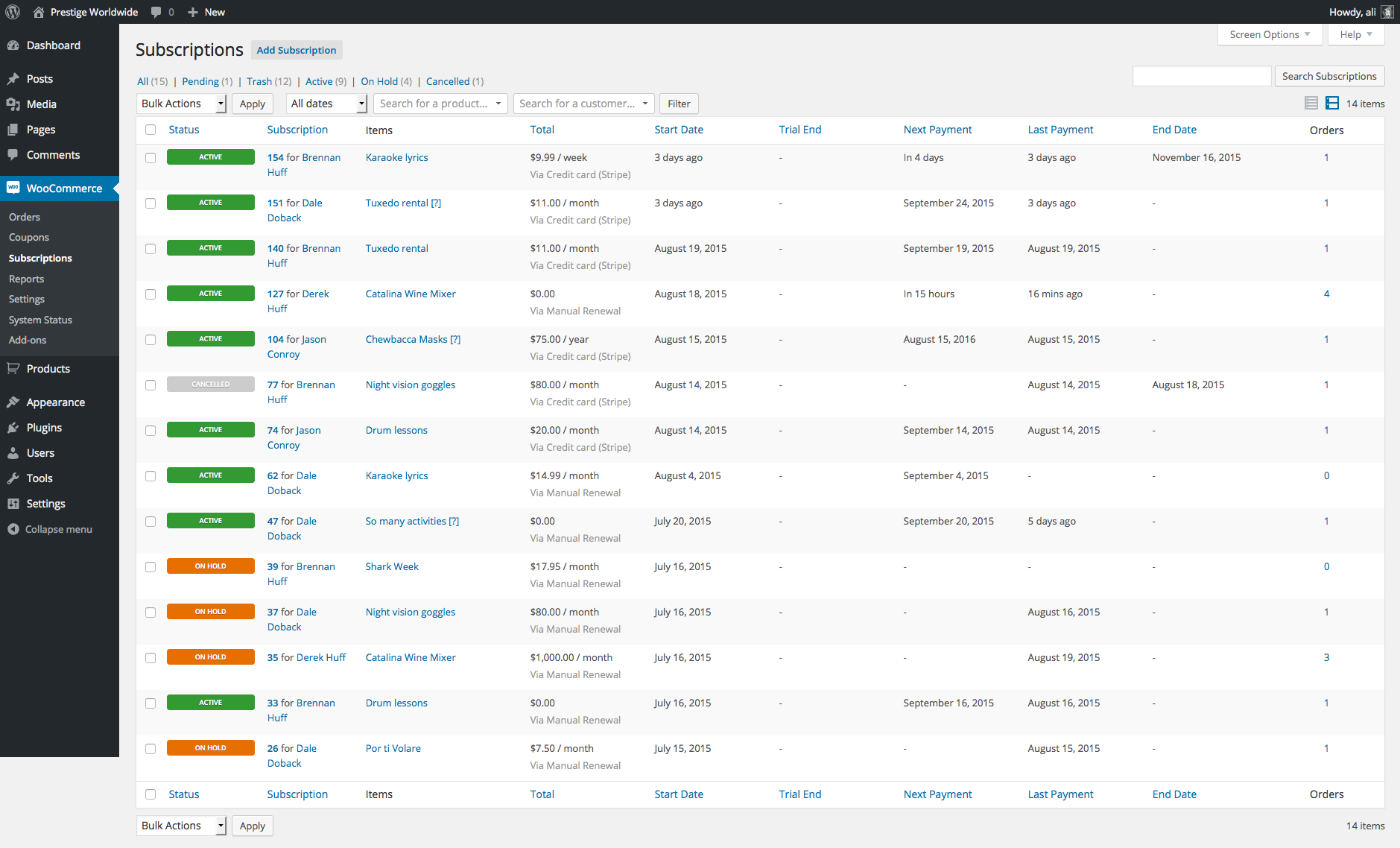 Manage Subscriptions Administration Screen