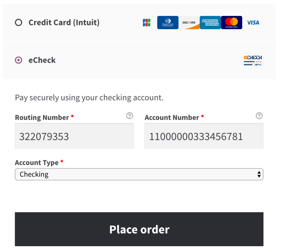 Formulário de verificação eletrônica do WooCommerce Intuit Payments