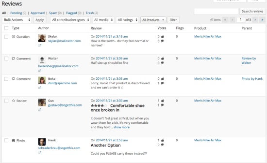 Lista de avaliações profissionais do produto WooCommerce