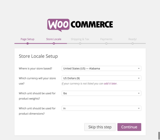 WooCommerce Setup Wizard - Store Locale setup