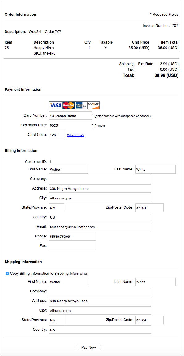 customer to payment letter Authorize.Net SIM   WooCommerce