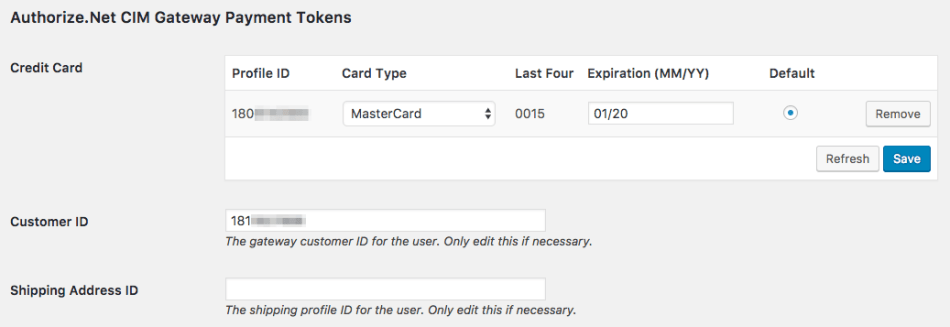 WooCommerce Authorize.Net CIM Customer token editor