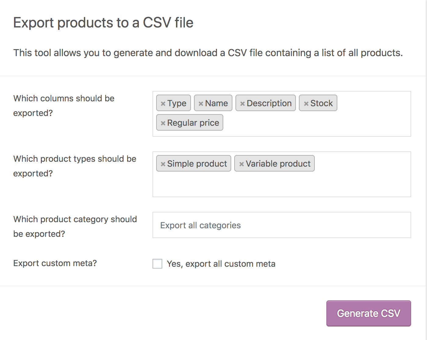 woo export csv producttype
