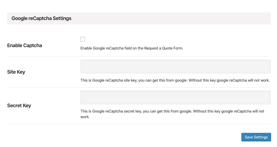 Recaptcha settings for quote form