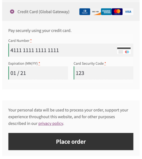 Global Gateway credit card form