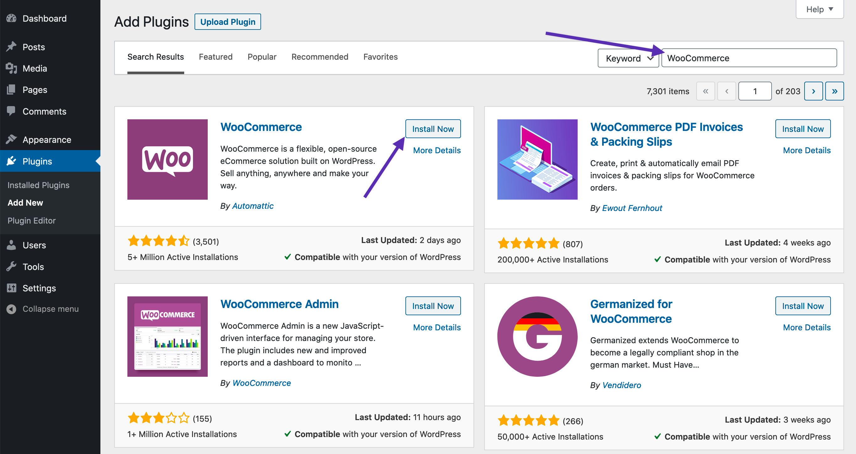 Tìm kiếm và hiển thị plugin WooCommerce qua màn hình Thêm Plugin WordPress.